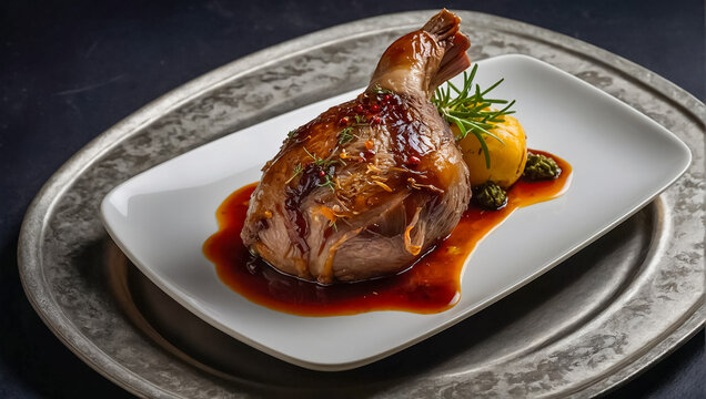 Duck leg confit in a restaurant roasted