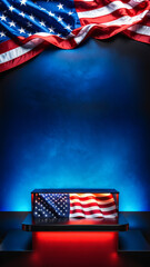 dark black product display podium, Blue red glowing USA flag abstract background, united states of America, 4th of July, Independence Day, America podium, USA product presentation, ad, podium platform