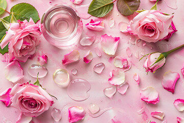 Delicate Pink Roses and Petals with Water Droplets