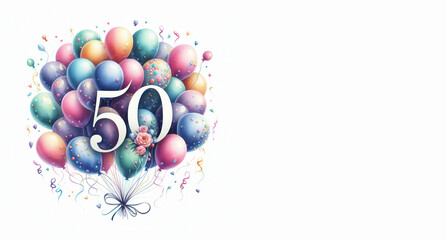 Watercolor balloons with the number 50 on a white background - Happy 50th birthday card with copy space to add text