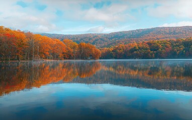 Calm lake reflecting vibrant autumn foliage on rolling hills.