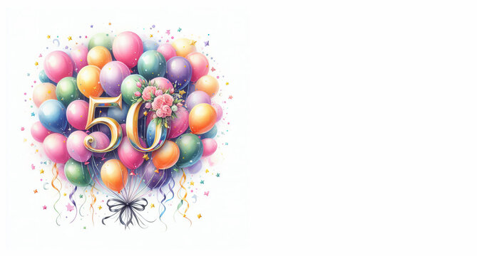 Watercolor balloons with the number 50 on a white background - Happy 50th birthday card with copy space to add text