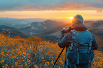 Photographer capturing sunset in fields