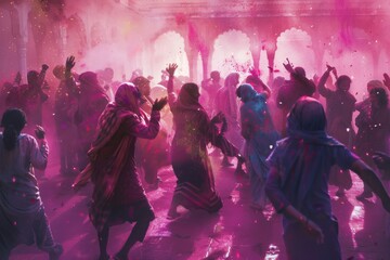Lively Holi celebration scene with people dancing - obrazy, fototapety, plakaty