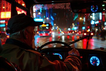 Senior Taxi Driver Navigating the Busy City Streets at Night - 807286266