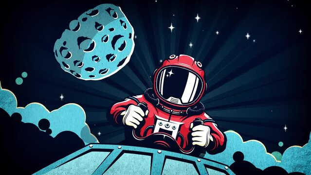 Astronaut pilot at the helm against space backdrop with Rocket taking off and planet with craters. Retro space animation in comics style