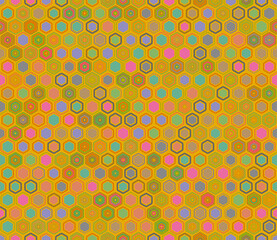 Hexagon grid background. Geometric elements of varied style and color. Honeycomb geometric shapes. Tileable pattern. Seamless background. Vibrant vector illustration.