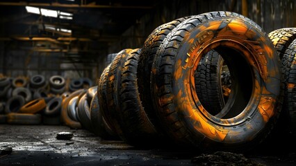 Symbolism of urban decay and environmental neglect portrayed through old tires in a dark warehouse. Concept Urban Decay, Environmental Neglect, Symbolism, Old Tires, Dark Warehouse