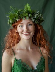 smiling woman with red hair and a wreath of grass on her head in a green dress.