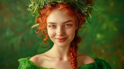 smiling woman with red hair and a wreath of grass on her head in a green dress.