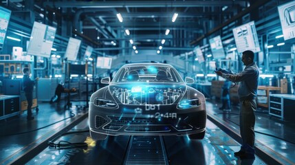 Automotive engineer operating advanced tech on futuristic assembly line for car manufacturing