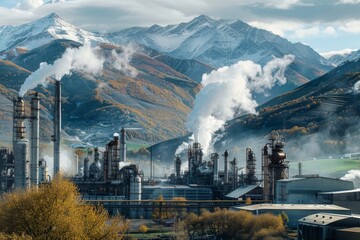 Large industrial metallurgical and chemical plant surrounded by majestic mountains in scenic setting