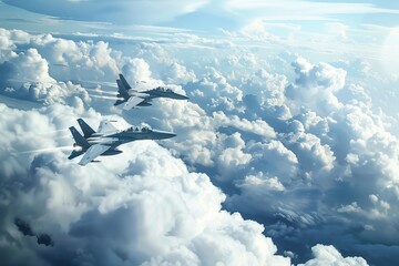 Fototapeta premium Two powerful fighter jets soaring through the breathtaking cloudscape in the clear blue sky