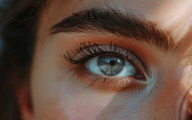 Close-up of a woman's eye with thick, long lashes and a perfectly shaped eyebrow.