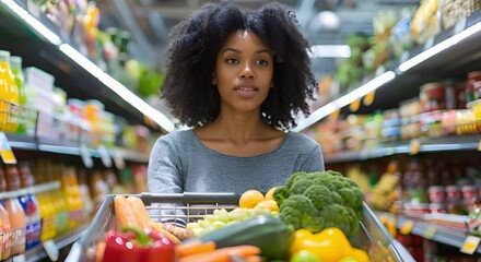Black woman grocery shopping with cart in store. Concept Black woman grocery shopping, Supermarket scene, Shopping cart, Fresh produce, Healthy lifestyle