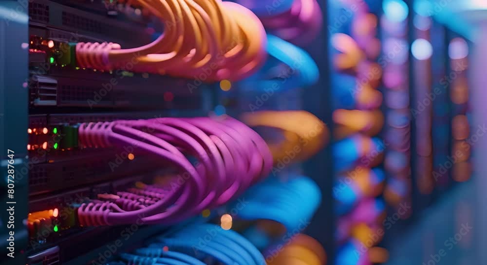 Poster colorful fiber optic cables connect cloud servers in a computer lab database . concept networking, t