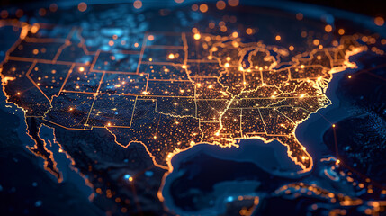 Digital map of the United States with glowing connections and city lights