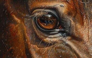 Close-up view of a horse's eye and surrounding brown tones. - obrazy, fototapety, plakaty