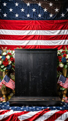 wooden product display podium, Podium stage wooden for display Products on flag American background, 4th of July USA Independence Day, 4th of July, Independence Day, America podium, USA podium
