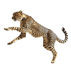 Jumping african cheetah isolated on white or transparent background