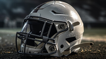 Gridiron Guardians: Close-up of Modern Football Helmet Design on Dusk Field, Symbolizing Athletic Safety and Sportsmanship