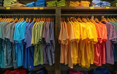 Colorful shirts on wooden hangers in a store display
