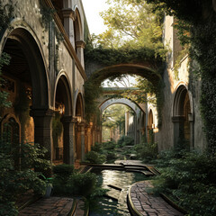 Abandoned Courtyard with Arched Walkways and Overgrown Foliage

