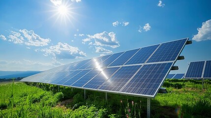 A solar panel farm with a bright sunny day