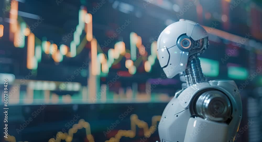 Poster business background robot using ai for cryptocurrency trading and stock market analysis . concept cr