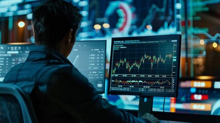 A man is sitting in front of two computer monitors