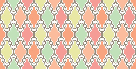 Vector seamless geometric pattern in light pastel colors. Geometric abstract background of delicate pink, yellow, peach, pistachio and lemon shapes. Wallpaper, packaging, paper.