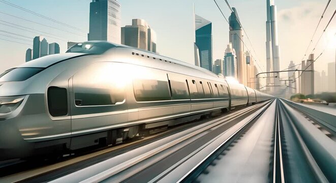 High-speed maglev train races along elevated track against futuristic cityscape. Concept Futuristic Technology, High-speed Transportation, Urban Development, Modern Infrastructure