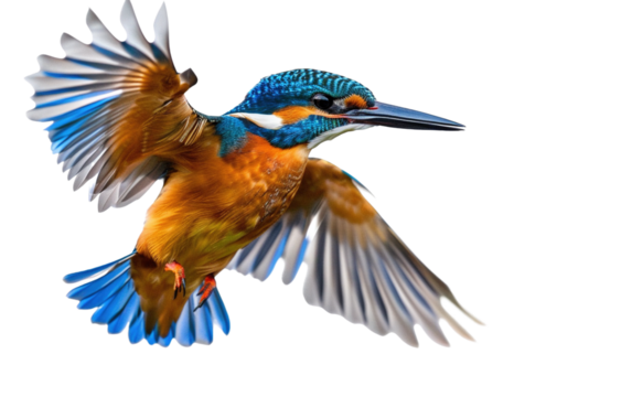 Kingfisher flying isolated on white or transparent background