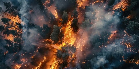 International Firefighters Day, top view, coniferous trees on fire, burning forest, large forest...
