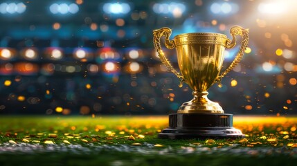 Golden champion award cup trophy in middle of soccer stadium field with excited audience cheering