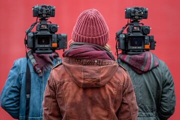 Back view of people filming with cameras