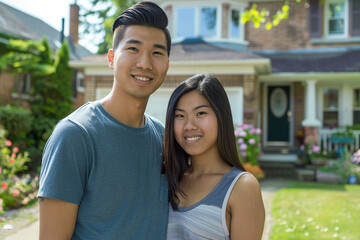 Fototapeta premium Portrait of a young married couple in front of a new house