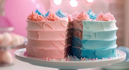 Gender reveal party cake with pink and blue decorations for boy or girl celebration . Concept Gender Reveal, Party Cake, Pink and Blue, Boy or Girl, Celebratory Decorations