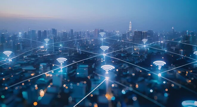 An aerial view of a smart citys interconnected network and wifi coverage. Concept Urban Infrastructure, Smart City, Aerial View, WiFi Coverage, Interconnected Network