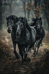 Fototapeta premium Black horses running wide-angle shot