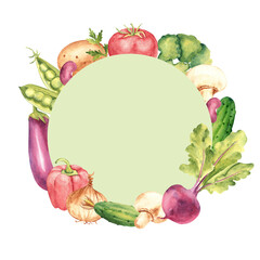 Vegetables watercolor circle round frame, wreath. Botanical vegetable hand drawn watercolor illustration isolated on white background. Can be used for cards, logos and food and advertisement design