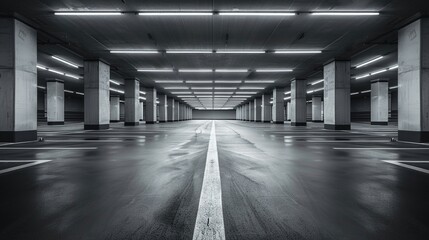 Perspective view down a sleek empty parking garage