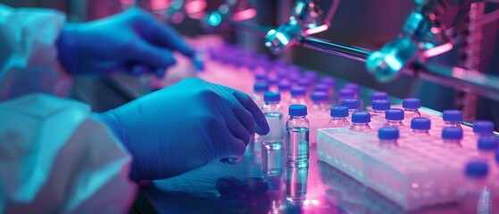 Pharmacist inspecting vials on illuminated conveyor belt sterile environment