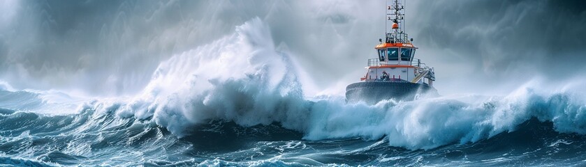 Tugboat bravely navigating through massive stormy waves. Wide shot