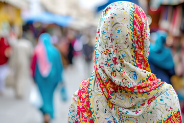 Muslim woman exploring European street market