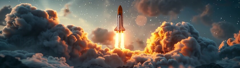 A mental strength themed rocket navigating through a storm of thoughts