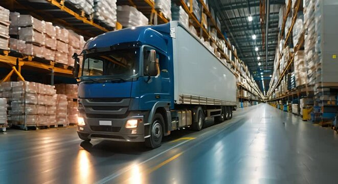 Truck loading goods in warehouse shelves for transportation . Concept Warehouse Operations, Transportation Logistics, Goods Loading, Inventory Management