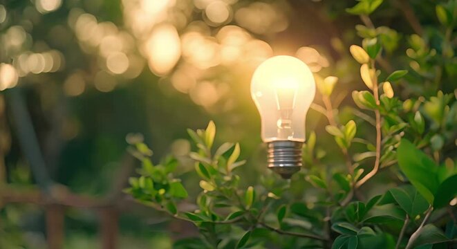 Renewable energy concept with energysaving light bulb tree and nature background. Concept Renewable Energy, Energy-Saving Light Bulbs, Nature Background, Green Energy, Sustainable Living