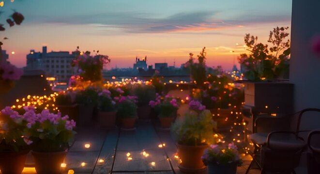 A rooftop garden at sunset with potted plants flowers and fairy lights. Concept Garden Photoshoot, Sunset setting, Rooftop scenery, Potted plants, Fairy lights