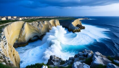 The cliffs on which the stormy waves of the sea break along the coast of the Plemmirio Nature...